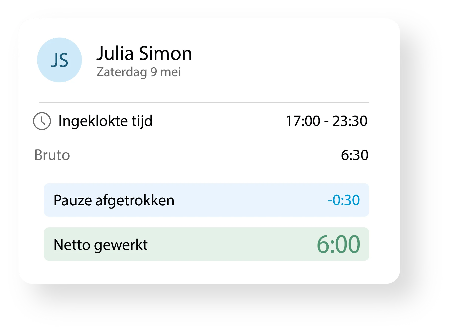 Übersicht von eingestempelter Zeit, Pause und netto geleisteten Stunden in Tiemdo
