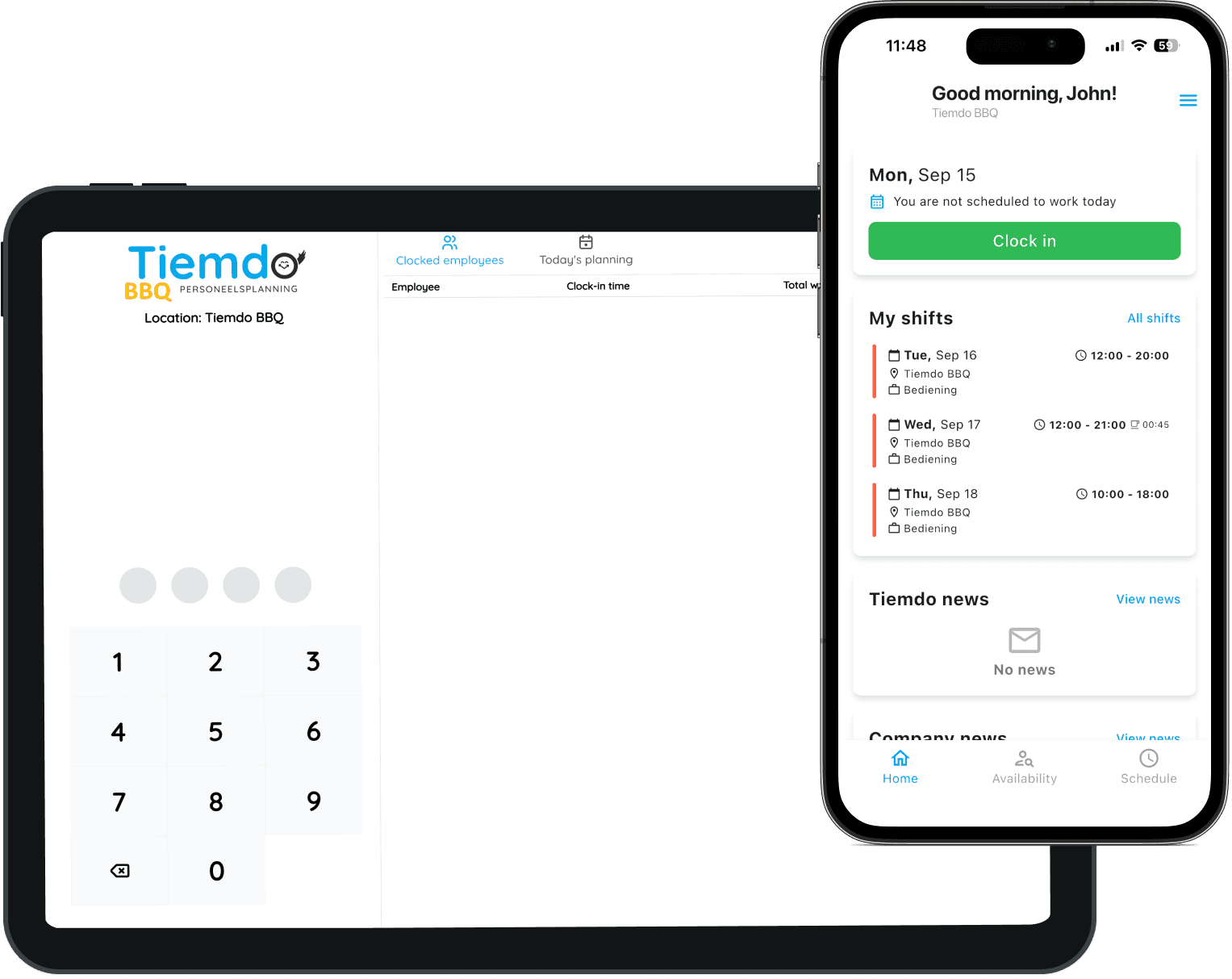 Zeiterfassungsbildschirm auf Tablet und Telefon