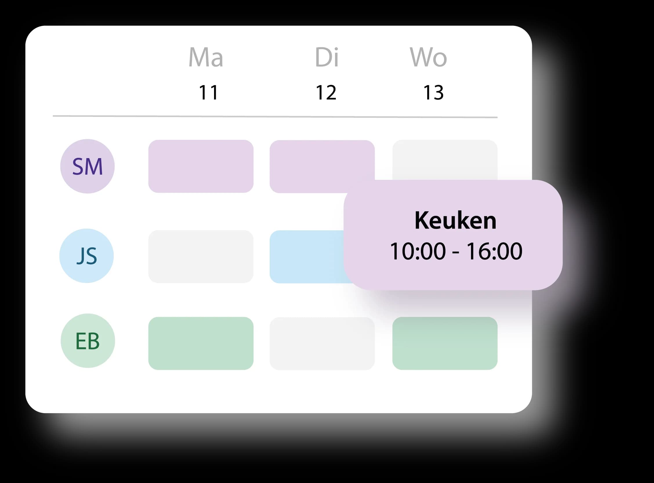 Schedule overview in Tiemdo showing each employee’s available days to plan on