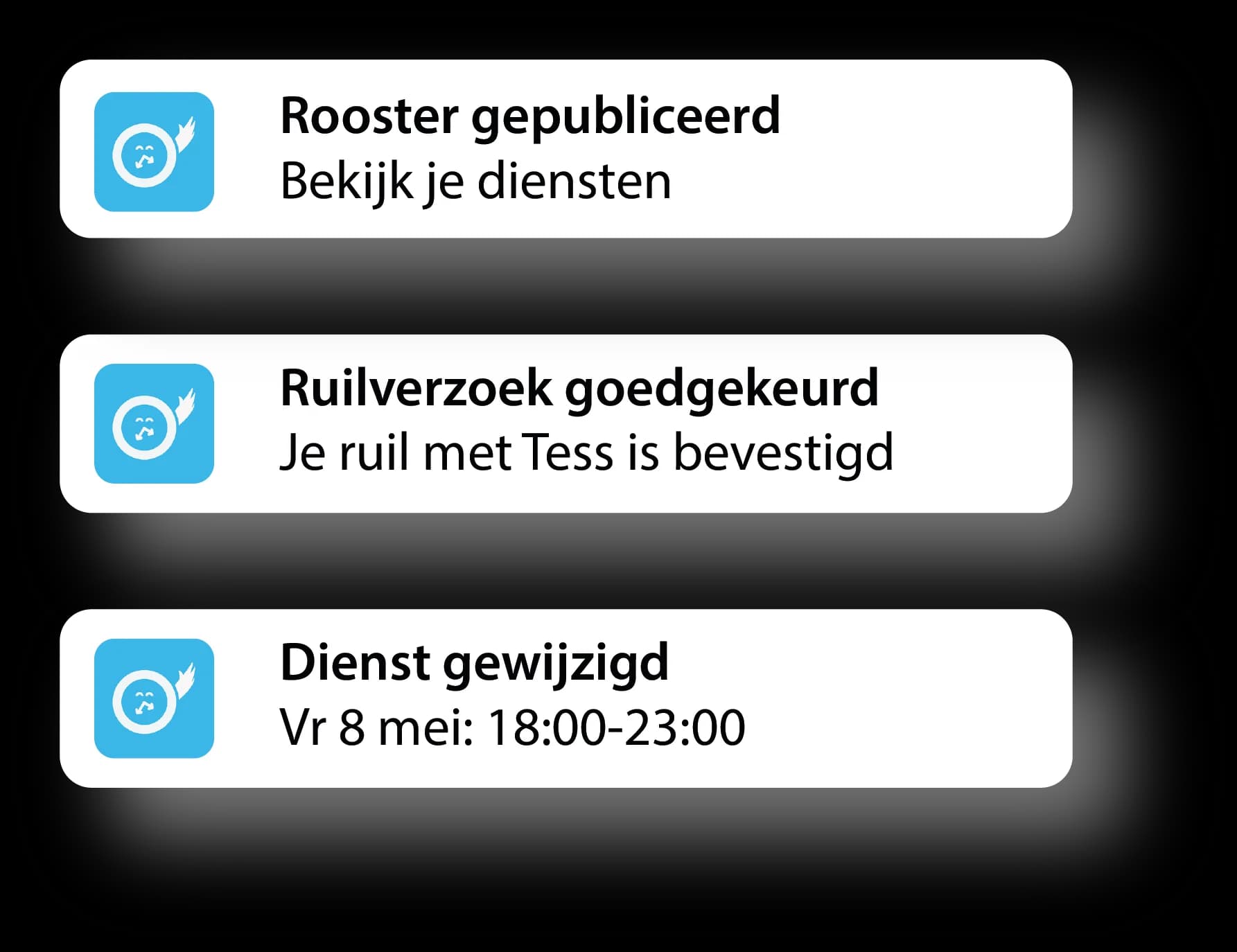 Notifications in Tiemdo about a published schedule, approved swap request, and changed shift