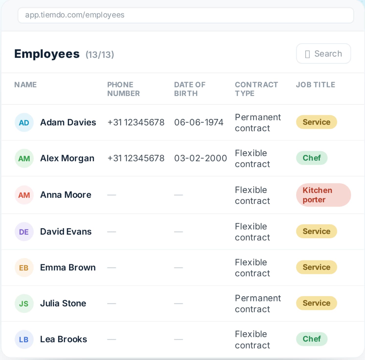 Employee record in Tiemdo with details, contract and hours