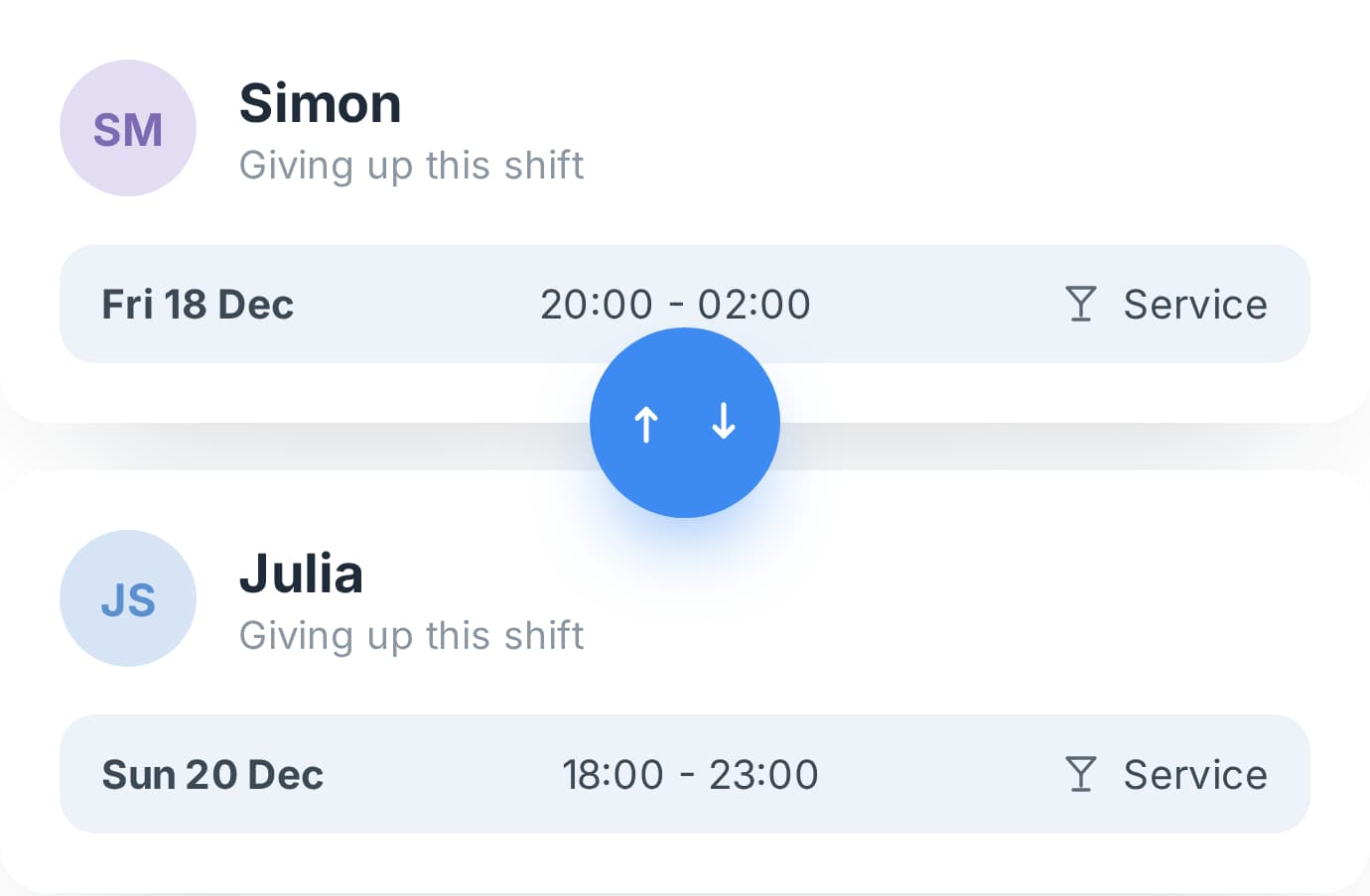 Shift swap request between two employees in Tiemdo, ready to approve