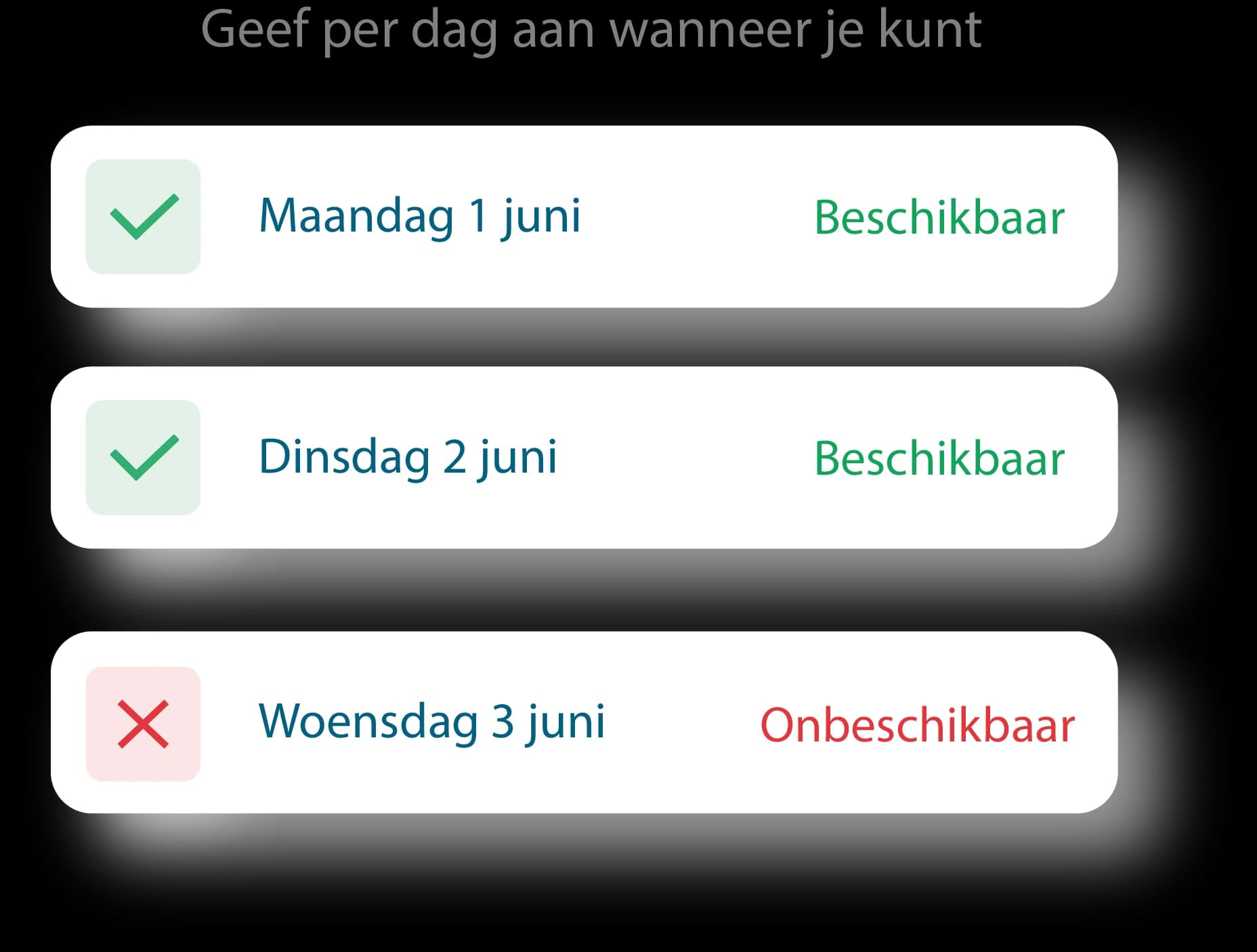 Medewerker geeft in de Tiemdo-app per dag beschikbaarheid aan: maandag en dinsdag beschikbaar, woensdag onbeschikbaar