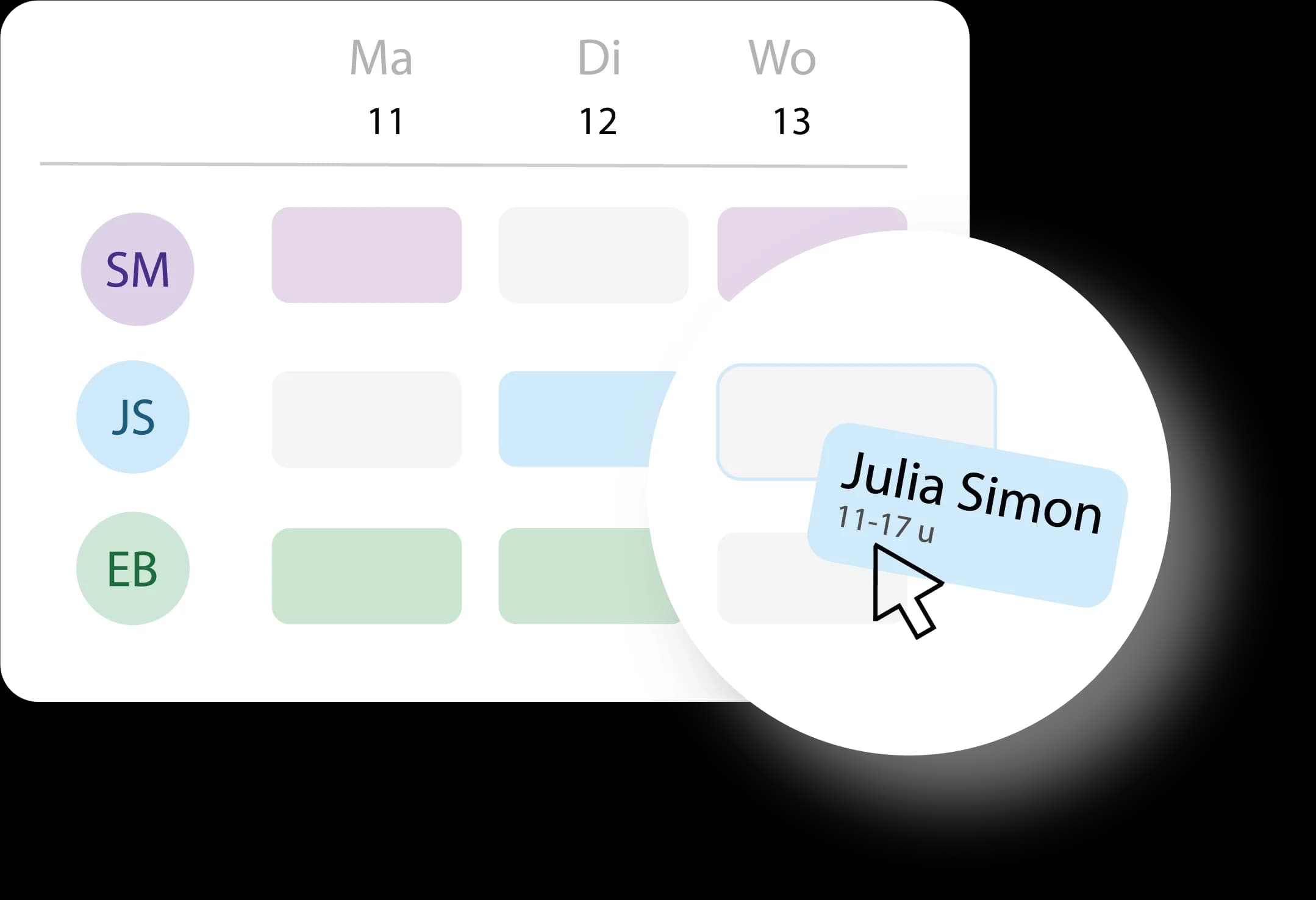 Rooster in Tiemdo waarin een medewerker met drag-and-drop naar een werkdag wordt gesleept