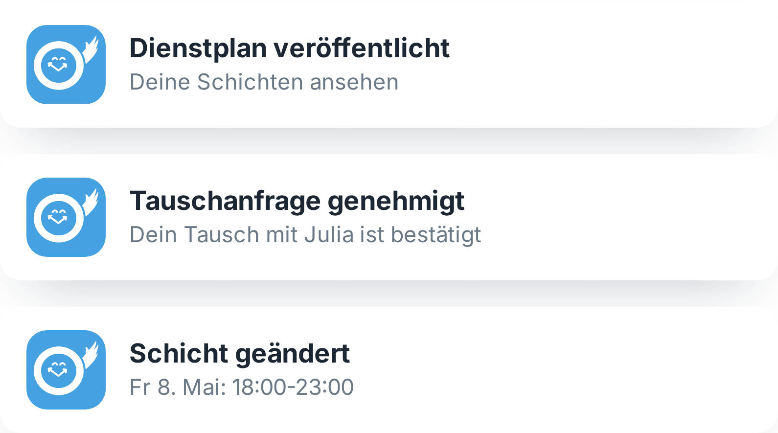 Benachrichtigung über eine geänderte Schicht in der Tiemdo App
