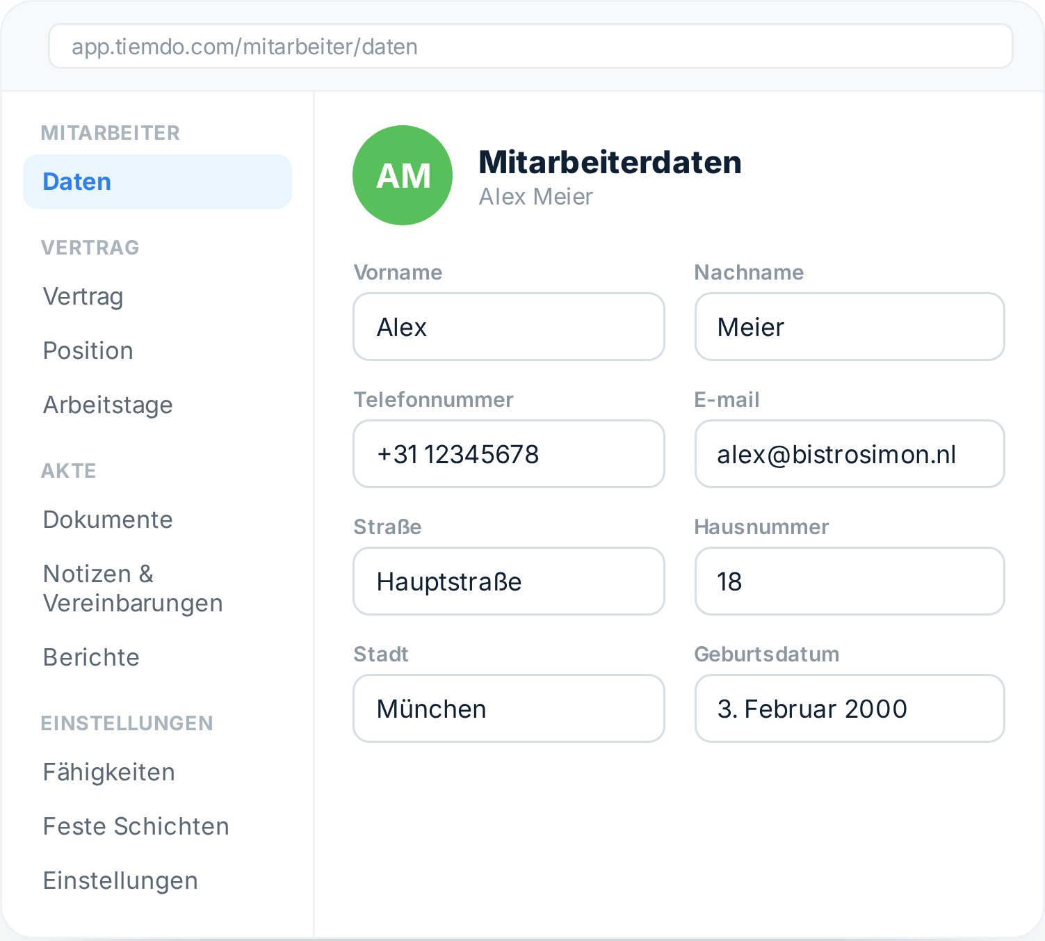 Mitarbeiterdaten in Tiemdo: Vertrag, Urlaub und Stunden beieinander