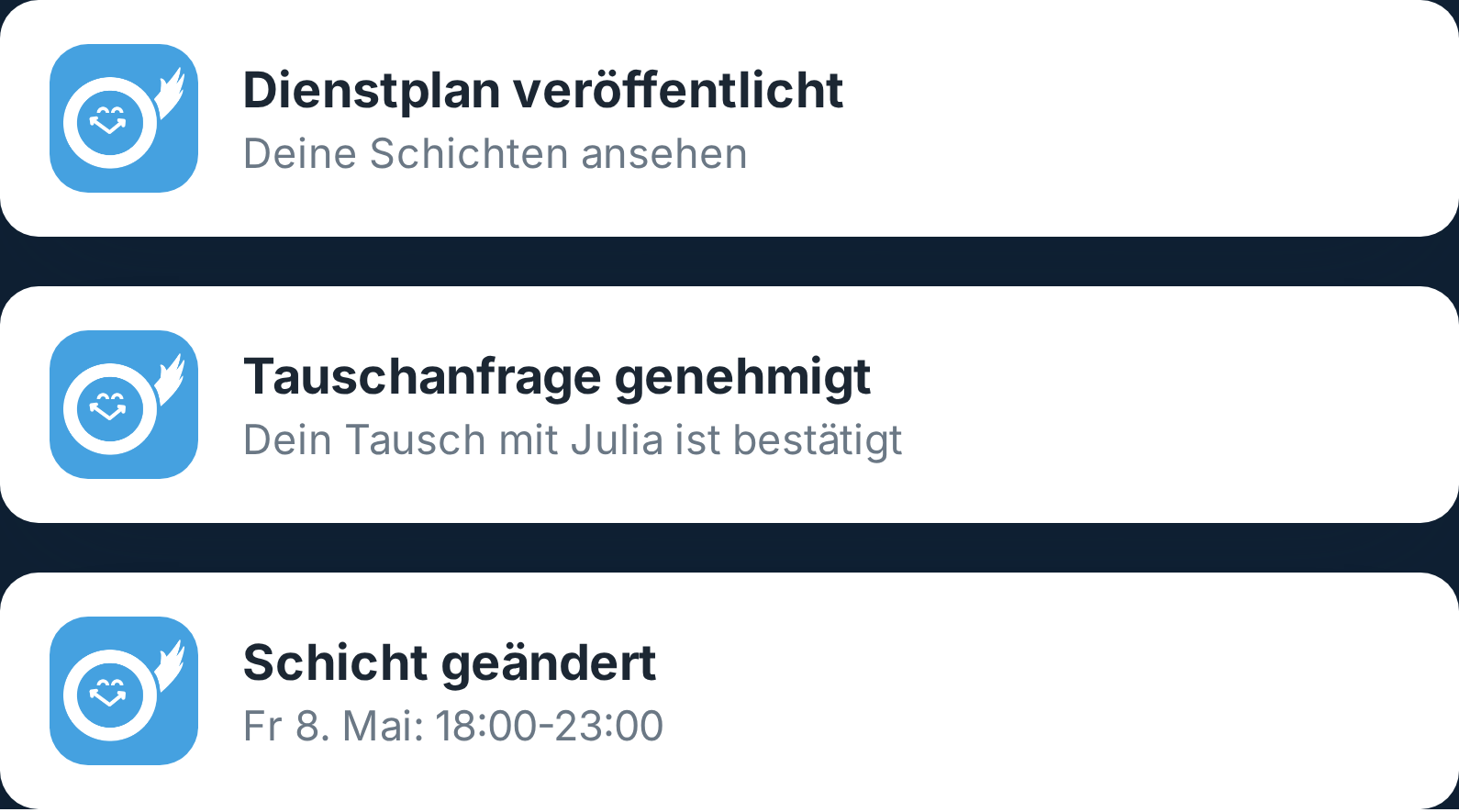 Benachrichtigung über eine geänderte Schicht in der Tiemdo App