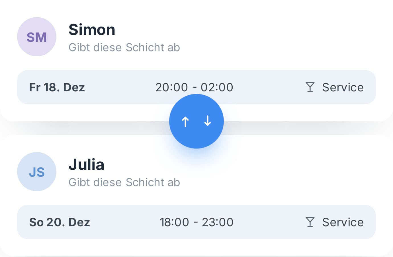 Tauschanfrage zwischen zwei Mitarbeitern in Tiemdo, bereit zur Genehmigung