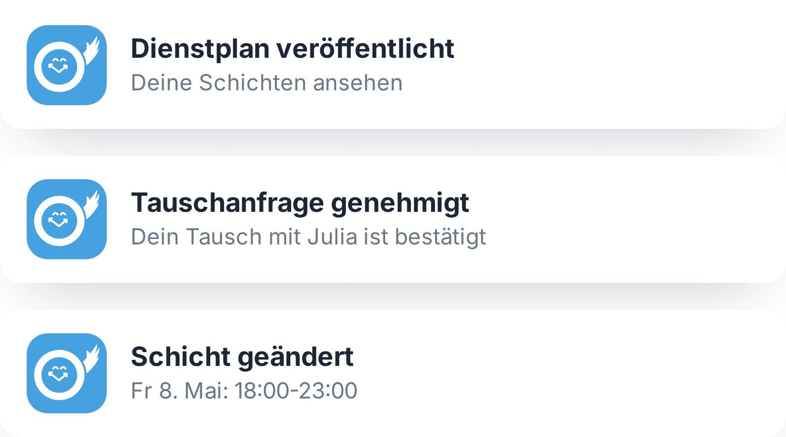 Benachrichtigung über eine geänderte Schicht in der Tiemdo App