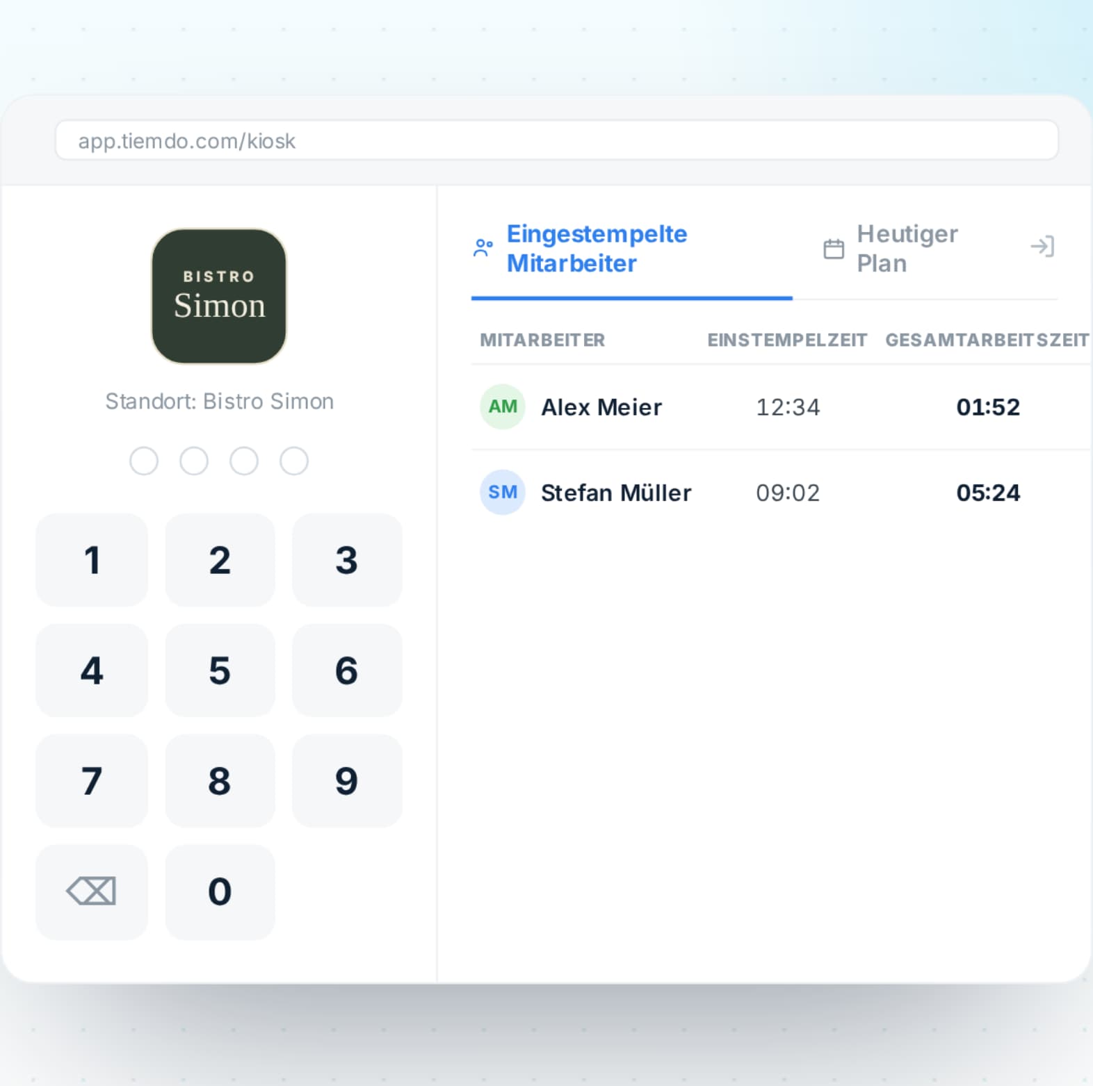 Einstempel-Bildschirm von Tiemdo auf einem Handy