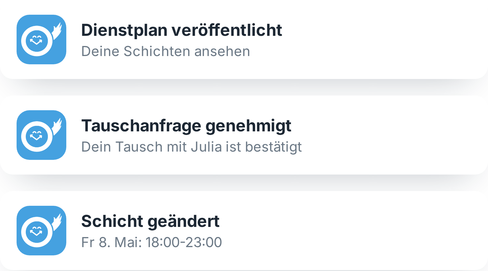 Benachrichtigung über eine geänderte Schicht in der Tiemdo App