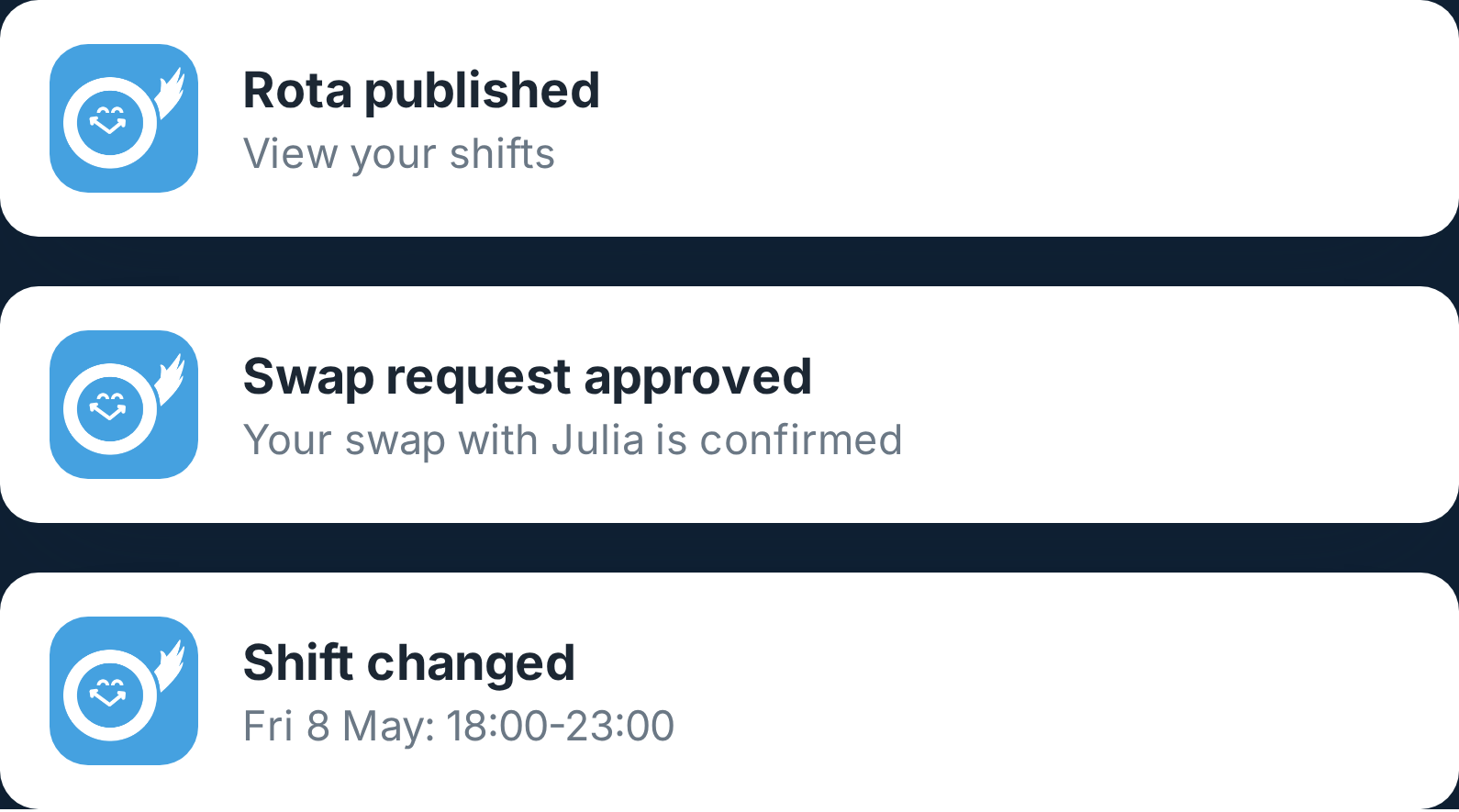 Notification of a changed shift in the Tiemdo app