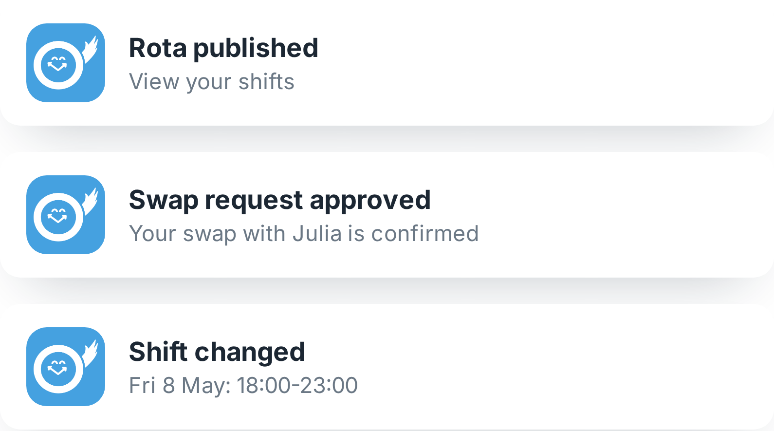 Notification of a changed shift in the Tiemdo app
