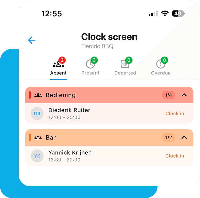 Overview of clocked-in and absent employees on phone