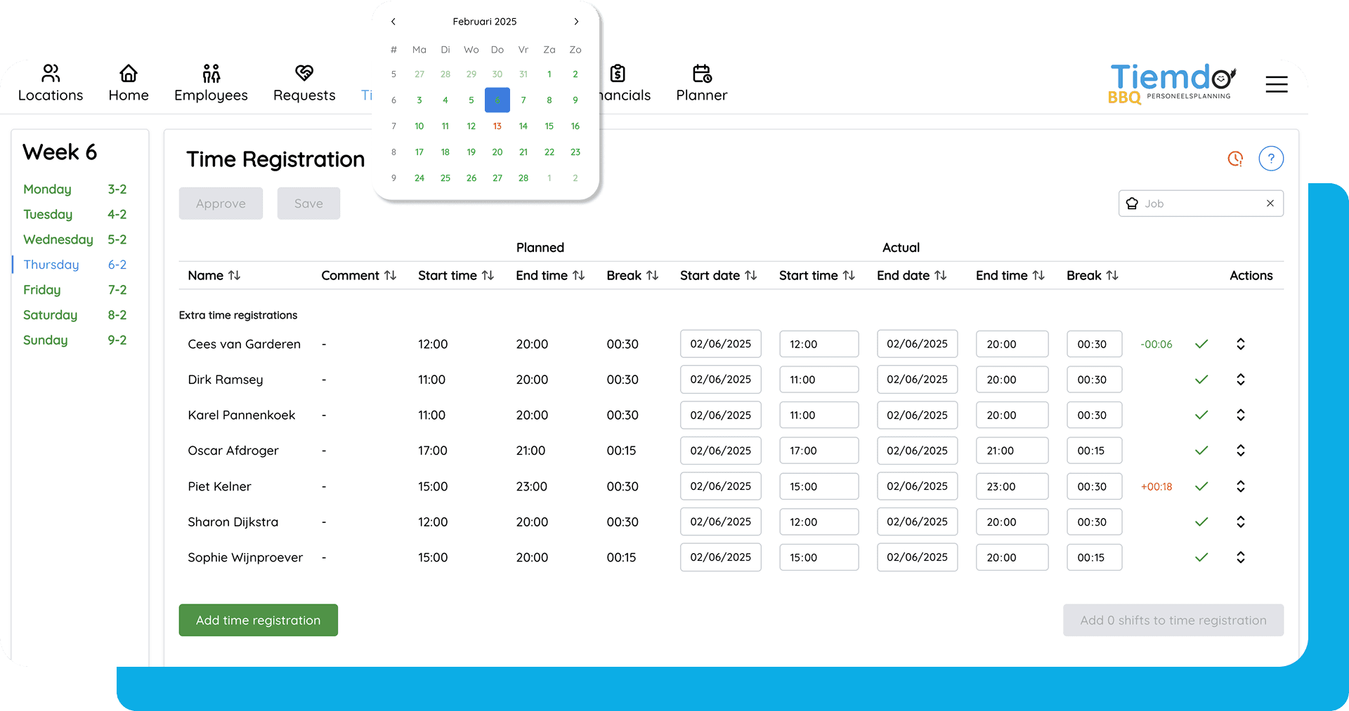 Time registration page for worked hours on laptop