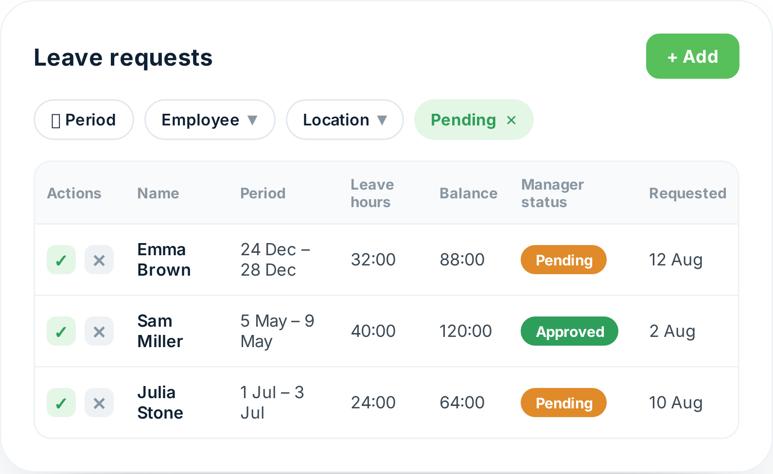 Time off requests in Tiemdo with the balance shown beside them