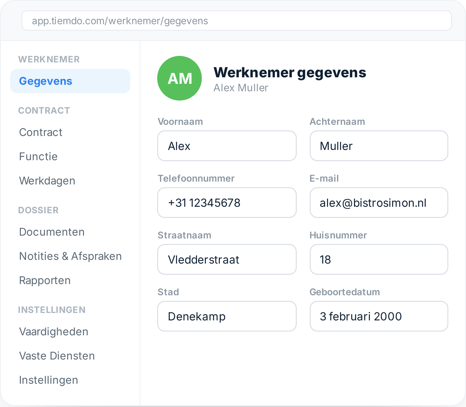 Werknemergegevens in Tiemdo: contract, verlof en uren bij elkaar