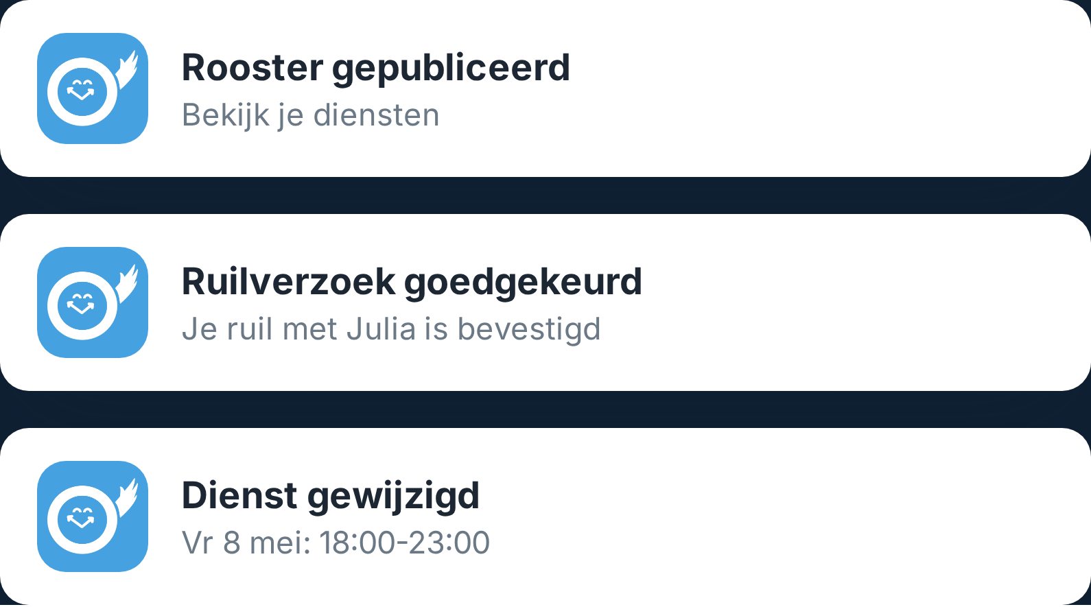 Melding van een gewijzigde dienst in de Tiemdo app