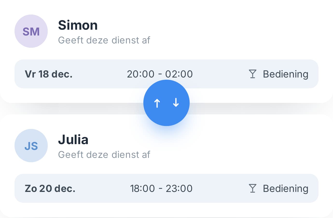 Ruilverzoek tussen twee medewerkers in Tiemdo, klaar om goed te keuren