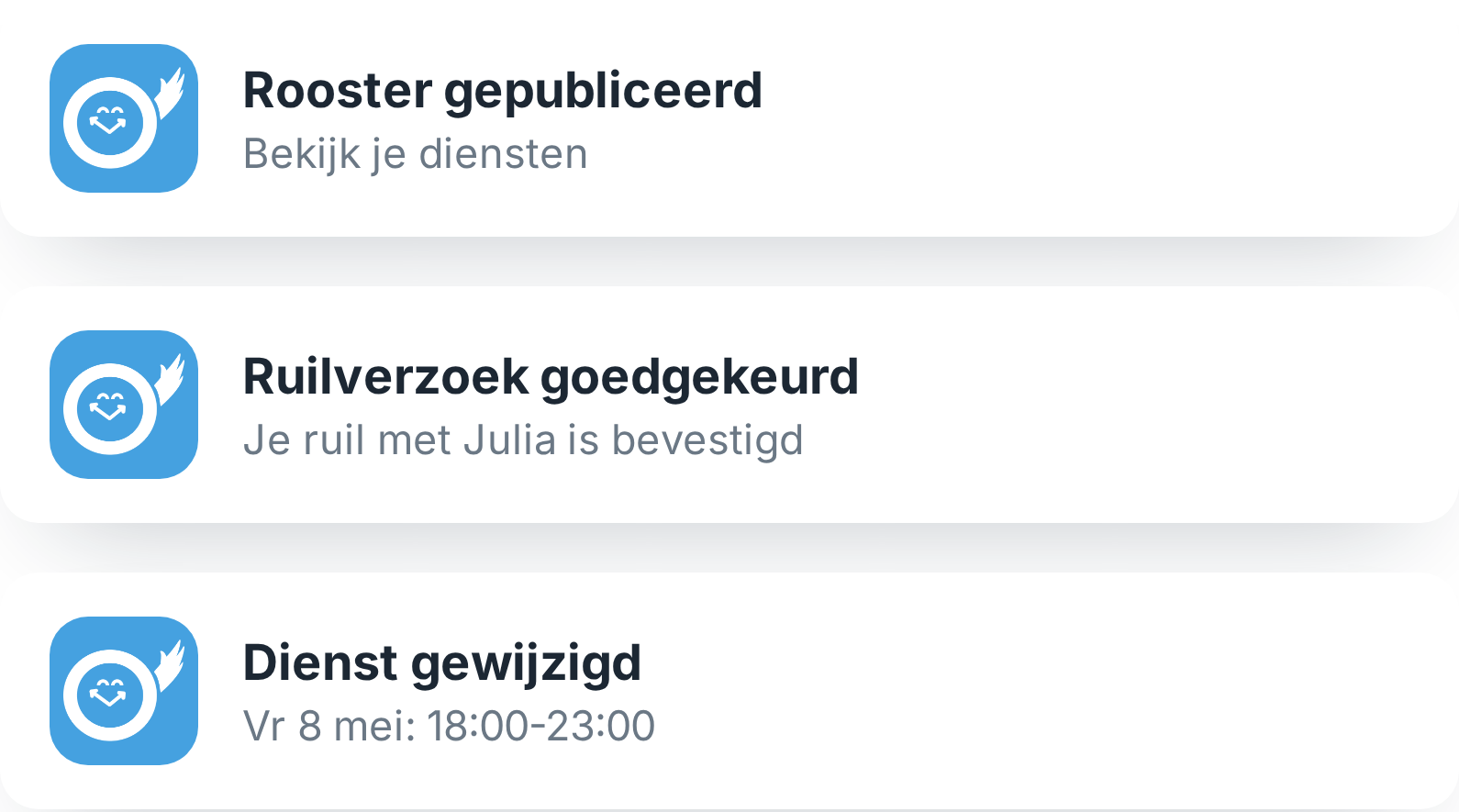 Melding van een gewijzigde dienst in de Tiemdo app